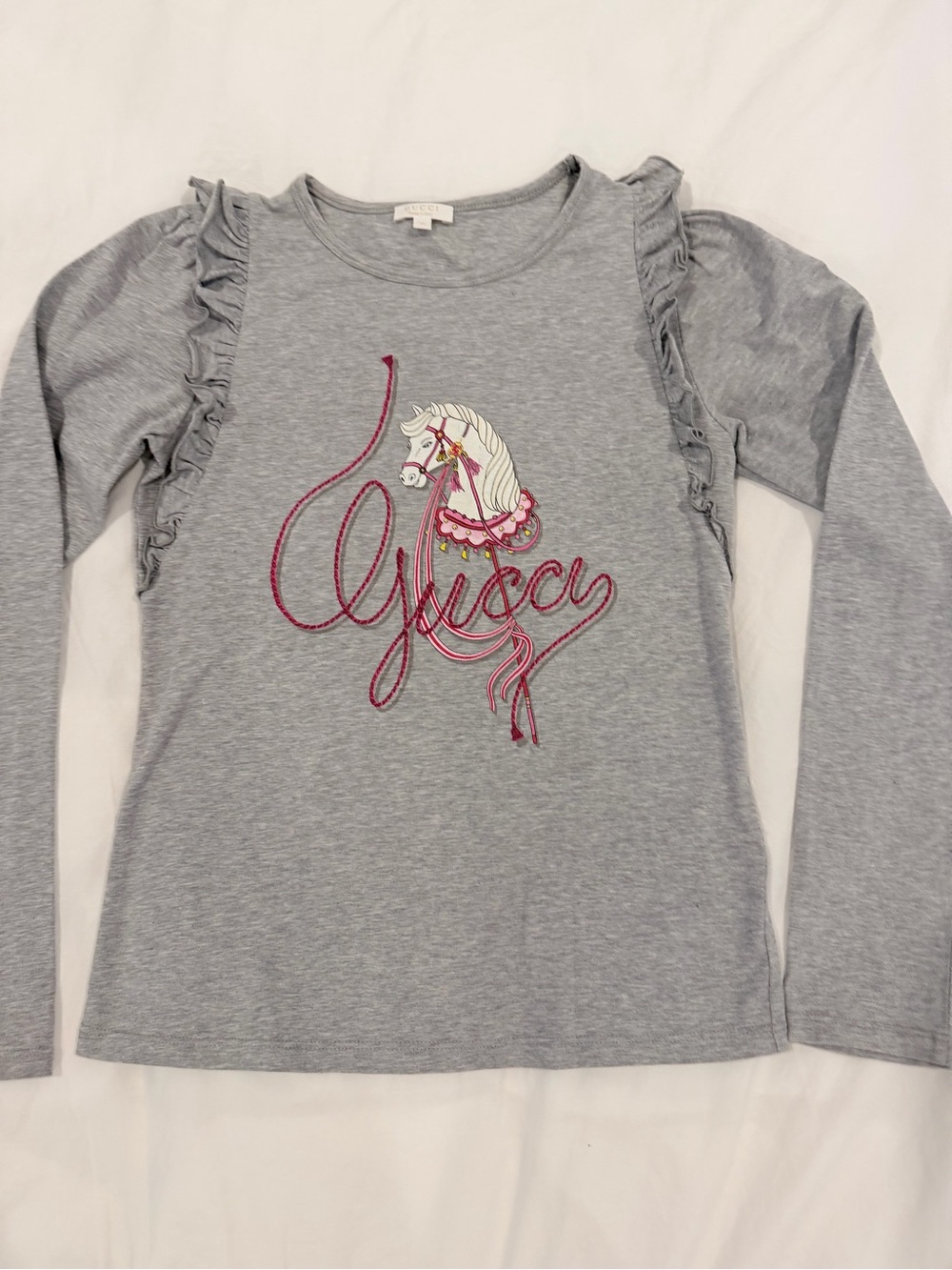 Gucci Girls Grey Long-Sleeve Tee with Embroidered Horse & Pink Script